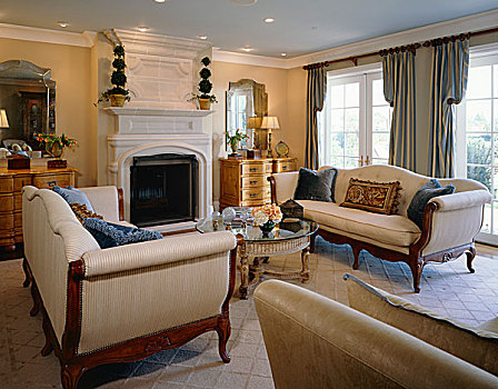 一对,时代特征,沙发,面对面,桌子,正面,壁炉,传统风格,起居室