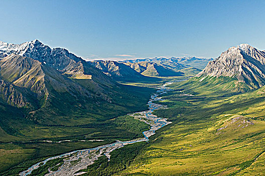 俯视,景色,北方生物带,山,寒冷,峭壁,北方,河,布鲁克斯山,保存,北极,阿拉斯加,夏天