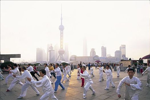 中国,上海,人,太极拳,黎明,浦东,天际线,背景