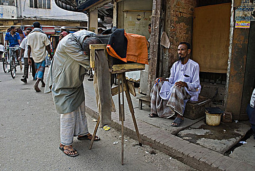 一个,摄影师,过去,40岁,照相,盒子,摄影,靠近,库尔纳市,警察局,顾客,照片,快,孟加拉,二月,2008年