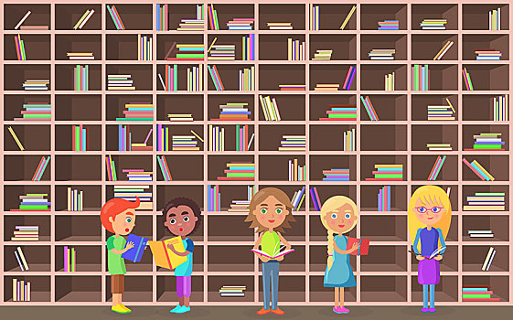 孩子,文学作品,图书馆,背景,五个,学童,矢量,插画,褐色,架子,彩色,书本,大,书架