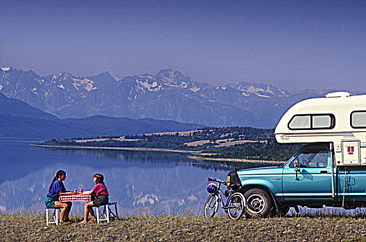 露营,远眺,湖,海岸,山峦,区域,不列颠哥伦比亚省,加拿大