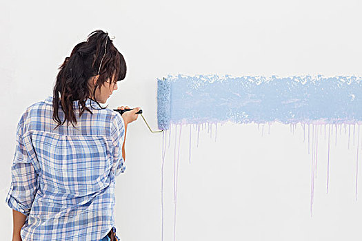 女人,上油漆,墙壁,蓝色,油漆滚,留白