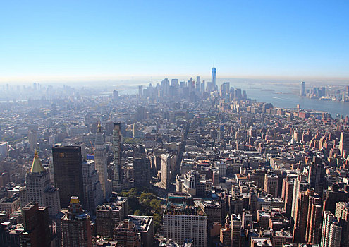 曼哈顿,纽约,市区,天际线,早晨,烟雾