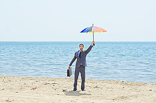 男人,伞,海滩