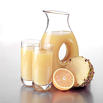 罐,菠萝,橙汁,两个,满,玻璃杯