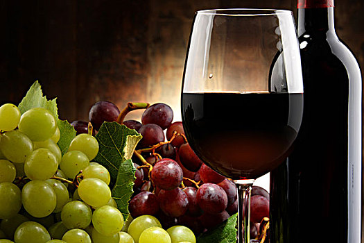 构图,玻璃杯,瓶子,红酒,新鲜,葡萄