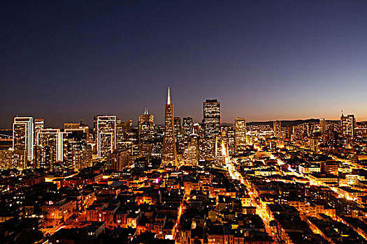 风景,塔,夜晚,旧金山,市区,加利福尼亚,美国