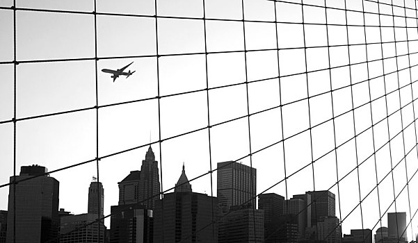 天际线,曼哈顿,风景,布鲁克林大桥,摩天大楼,客机,空中,纽约,美国