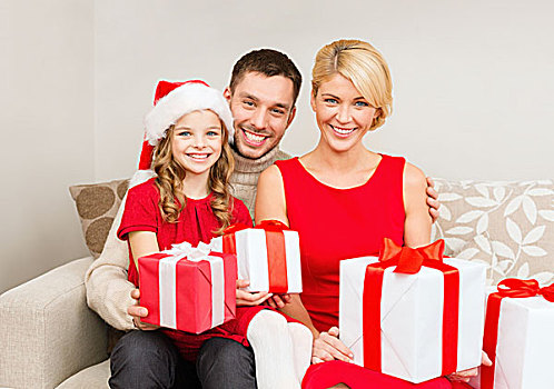 家庭,圣诞节,圣诞,高兴,人,概念,微笑,圣诞老人,帽子,许多,礼盒