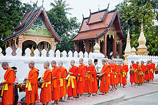 老挝,琅勃拉邦,寺院,僧侣,收集,施舍