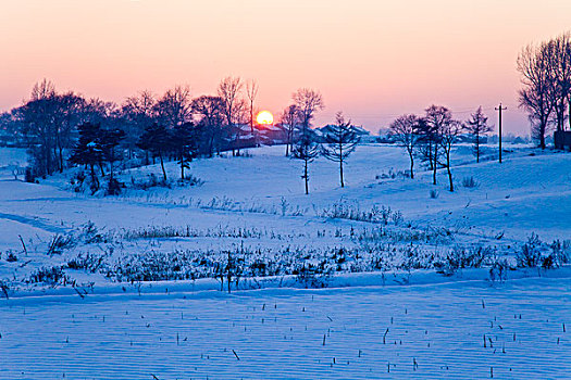 村庄,日落,冰雪,自然风光,吉林