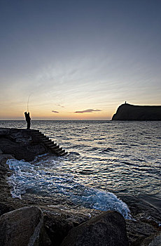 一个,男人,钓鱼,日落,头部,港口,马恩岛
