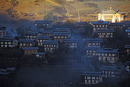 寺院,乡村,日出,不丹