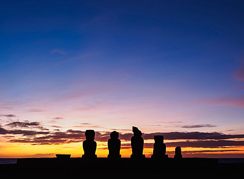 复活节岛石像,日落,考古,复杂,拉帕努伊国家公园,复活节岛,智利,南美