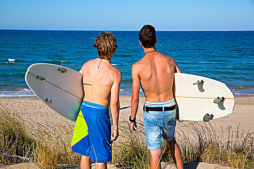 男孩,青少年,冲浪,后面,背面视角,看,海滩,沙丘