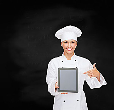 烹调,科技,概念,微笑,女性,厨师,烹饪,做糕点,平板电脑,电脑,留白,显示屏