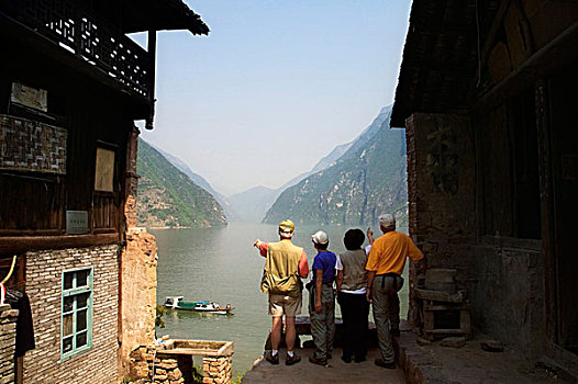 旅行者,注视,风景,峡谷,毁坏,房子,乡村,三峡,长江,中国