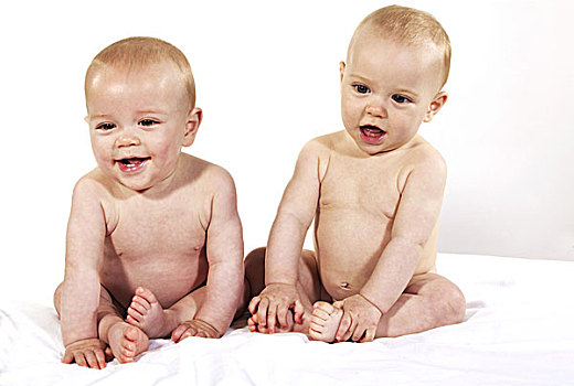 双胞胎,男婴,坐,白色背景