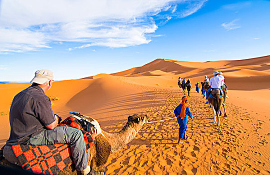 摩洛哥,撒哈拉沙漠,沙丘,区域,旅游,骑,骆驼,顶峰,沙子
