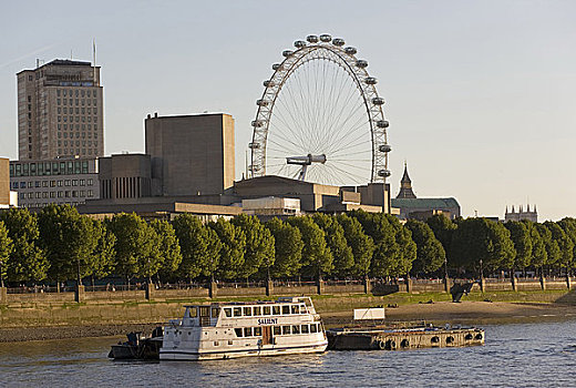英格兰,伦敦,伦敦南岸,客船,停泊,泰晤士河,伦敦眼,背景