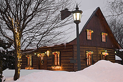 住宅,原木,家,圣诞装饰,黄昏,魁北克,加拿大