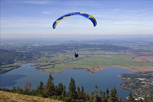 滑翔伞,上方,科赫尔湖,湖,阿尔卑斯山,上巴伐利亚,巴伐利亚,德国,欧洲