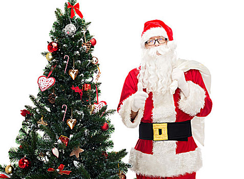 圣诞节,休假,手势,人,概念,男人,服饰,圣诞老人,包,圣诞树,展示,竖大拇指