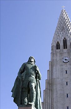 冰岛,雷克雅未克,建造,相似,山,火山岩,国家,大教堂,正面,城市,面对,雕塑,战士,现代,白天,北美