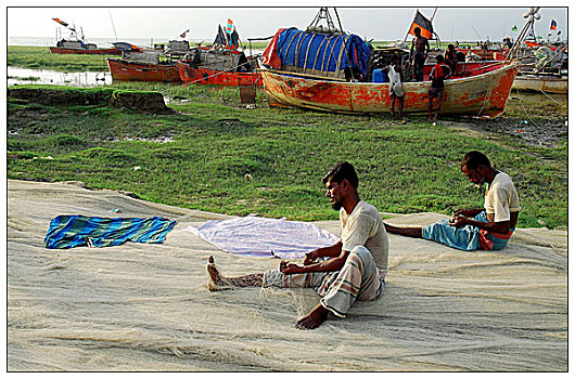 渔民,编织,渔网,孟加拉,八月,2006年