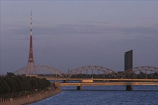 桥,上方,道加瓦河,河,晨光,欧洲,波罗的海国家,欧盟新成员