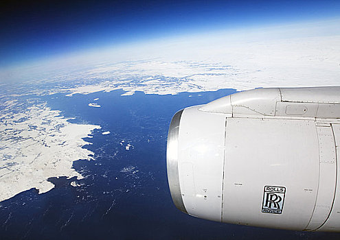 劳斯莱斯,引擎,飞行,喷气式飞机,客机,飞机,海洋,雪,冰冻,浮冰,高处,纽芬兰,阳光,脚,海平面,加拿大,北美