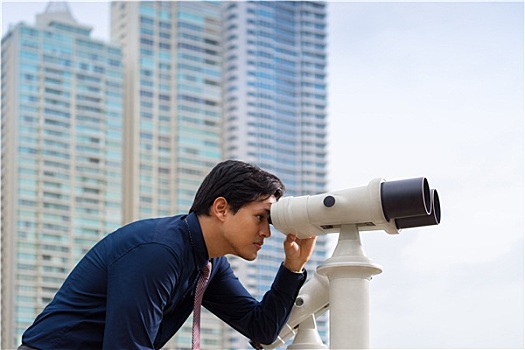 亚洲人,商务,男人,双筒望远镜,看,城市