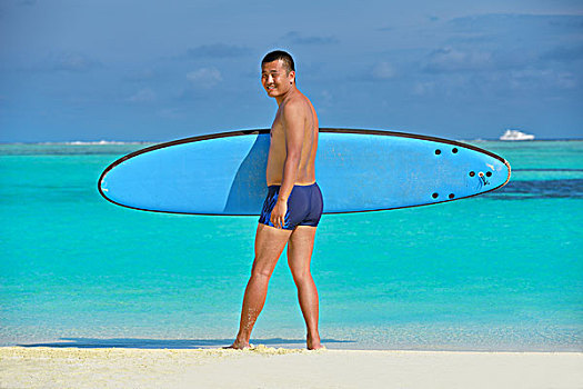男人,冲浪板,漂亮,热带沙滩,海滩