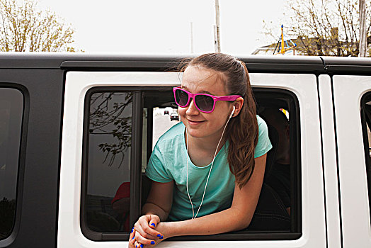 女童,墨镜,耳机,休闲,车窗,石棉,魁北克,加拿大