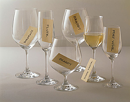 多样,空,葡萄酒杯,标签,白葡萄酒