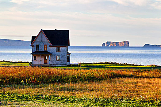 房子,皮尔斯山岩,背景,半岛,魁北克,加拿大
