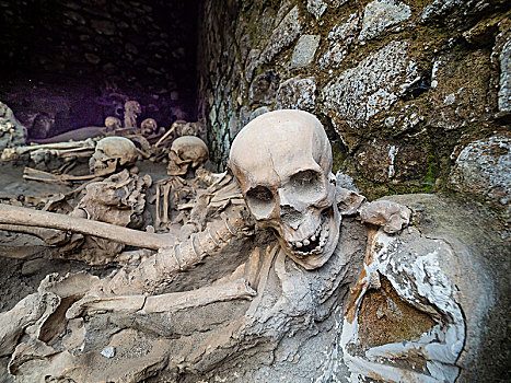 埃尔科拉诺,赫库兰尼姆,挖掘,头骨,骨头,火山爆发,惊奇,居民,发掘地,那不勒斯湾,坎帕尼亚区,意大利,欧洲