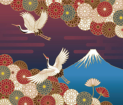 富士山,山,鹤,菊花,花,日本传统,图案