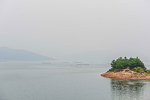 远山,网箱,船,风景,水,反光