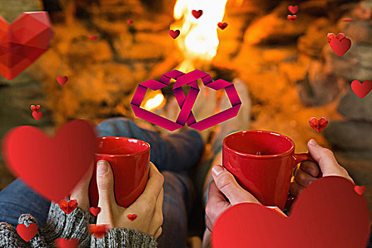 红色,咖啡杯,正面,照亮,壁炉