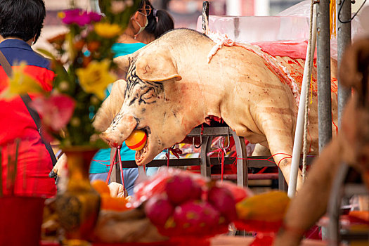 中国鬼节中元普渡信众用大神猪祭祀鬼神