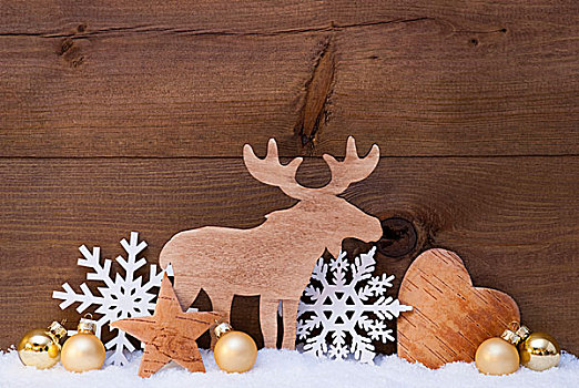 金色,圣诞装饰,雪,驼鹿,听,雪花