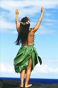 夏威夷,夏威夷大岛,草裙舞,裙子,花环,跳舞,姿势,火山岩,火山