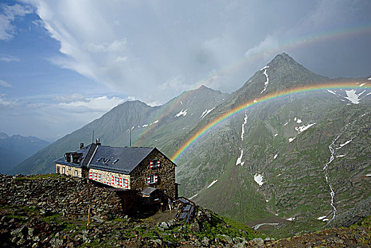 彩虹,山区木屋,阿尔卑斯山,提洛尔,奥地利