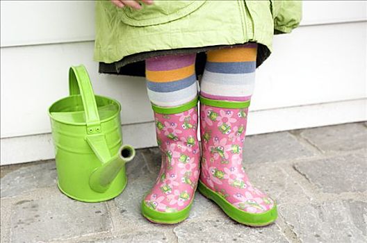小女孩,靴子,特写,绿色,洒水壶