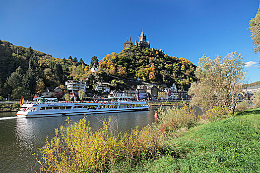 风景,上方,摩泽尔,科赫姆,城堡,秋天,莱茵兰普法尔茨州,德国,欧洲
