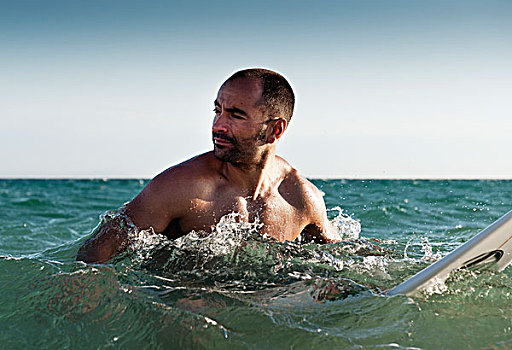 一个,男人,冲浪板,水,安达卢西亚,西班牙