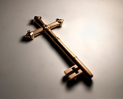 旧式,黄铜,钥匙,白色背景,表面,形状,十字架