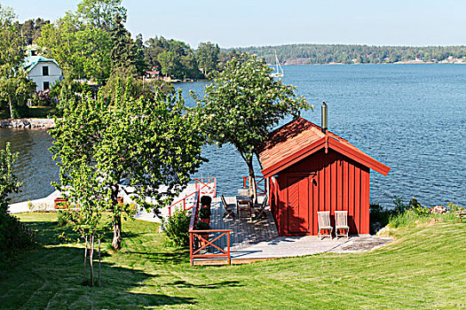 小,红色,木屋,瑞典,海岸